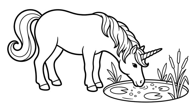 A black and white line art drawing of a magical unicorn drinking water from a small pond