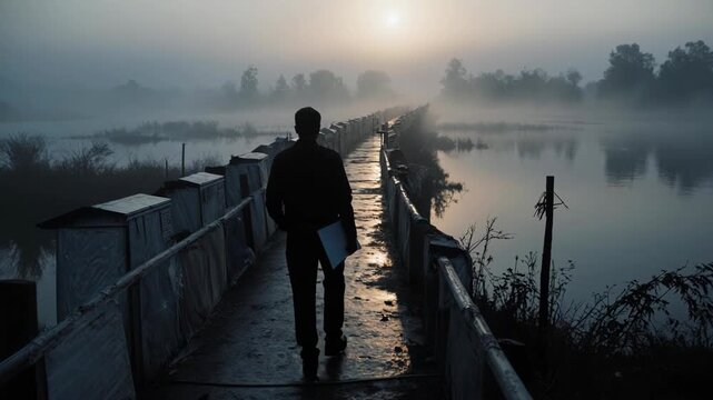 Solitary Figure Walks Across Foggy Pier At Dawn.