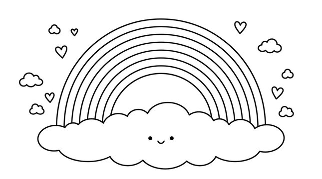 Cute hand drawn coloring page featuring a happy smiling cloud with a rainbow and floating hearts and clouds