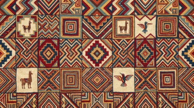 Colorful peruvian pattern with llamas and birds in textile style