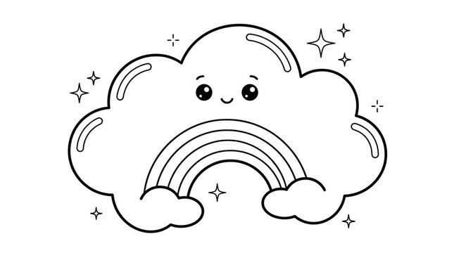 Cute cartoon cloud character with a rainbow and sparkling stars in a simple black and white line art style