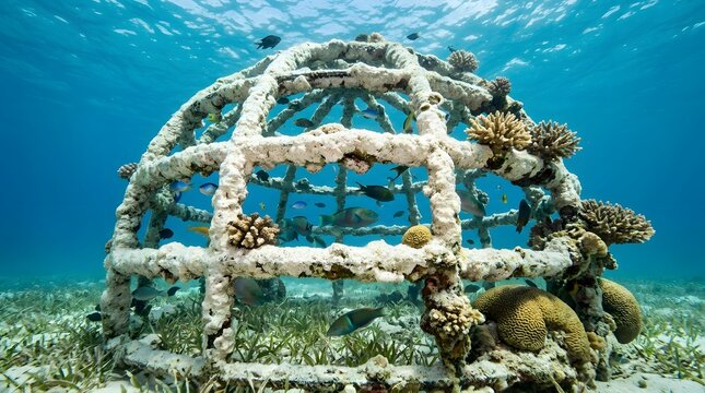 Underwater phot of a geometric artificial metal reef habitat with coral polyps growing on it in a blue tropical ocean seascape
