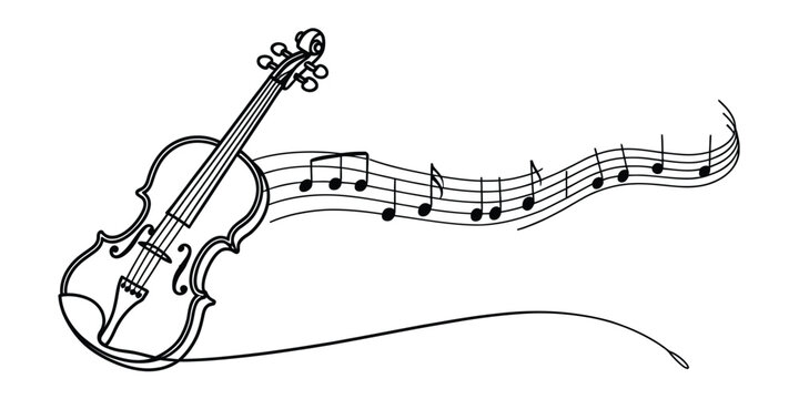 Classic violin instrument with flowing musical notes in a simple line art style