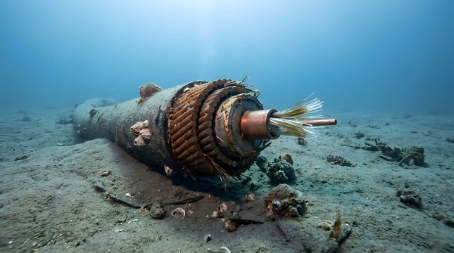 Old Damaged Submarine Cable with Broken Wires on Deep Ocean Floor Underwater Showing Rust and Marine Growth in Blue Murky Water.