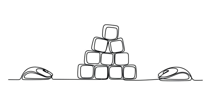 Computer mice and a pyramid of square cubes drawn in a continuous line style