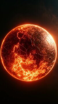 The lava planet shows glowing orange hues with cracks on its surface. This takes place in an area of outer space far from Earth.