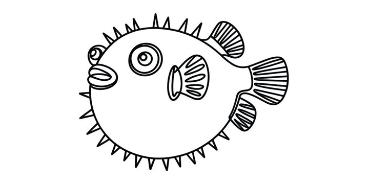Black and white line art drawing of a cute puffer fish character