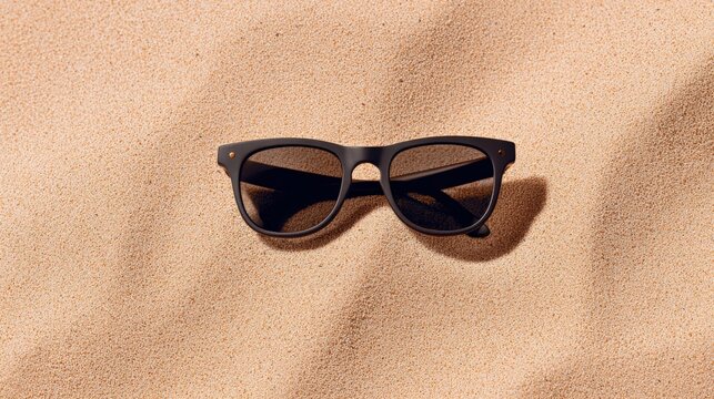 Retro Sunglasses on Sandy Beach: A pair of classic black sunglasses rests on warm, textured sand, evoking a sense of summer leisure and seaside escape.