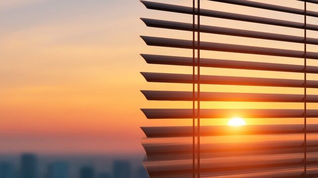 A vibrant sunset viewed through partially closed window blinds, casting warm light and shadows indoors.