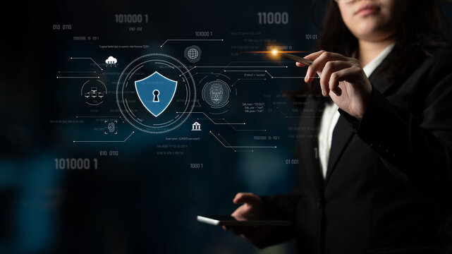 Cyber security interface with biometric and AI-powered protection system. Cyber security secures access, cybersecurity protects identity, cybersecurity detects threats, and defends data. Latch