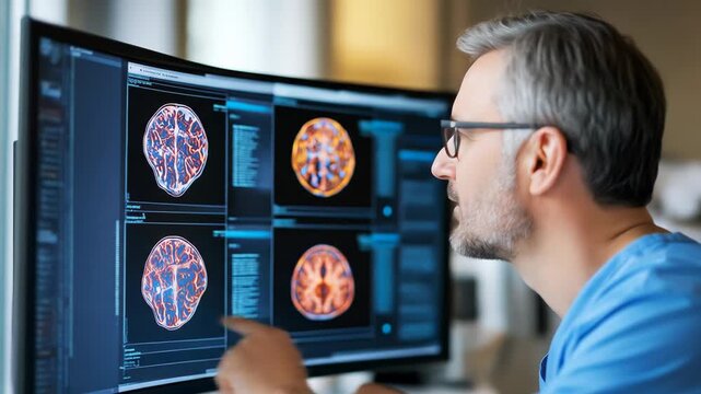 Medical doctor analyzing brain mri scan images on computer
