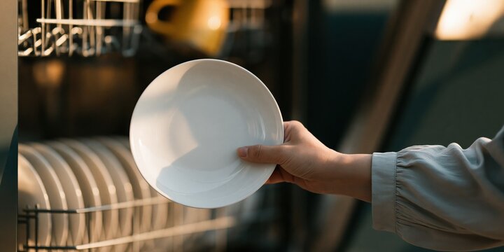 Closeup hand removing clean plate from dishwasher rack in warm kitchen light for household banner and website background