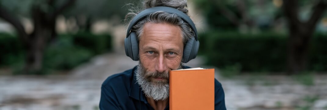 Mature man with headphones holding orange notebook panoramic portrait for podcast banner and audiobook background and meditation app layout