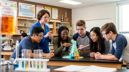 Fototapeta premium Teacher and diverse high school students performing a chemistry experiment in a science classroom