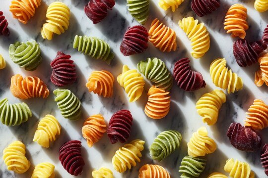 Colorful Pasta Assortment: A vibrant collection of uniquely shaped pasta in various colors, artfully arranged on a textured gray surface, promising a delightful culinary experience.