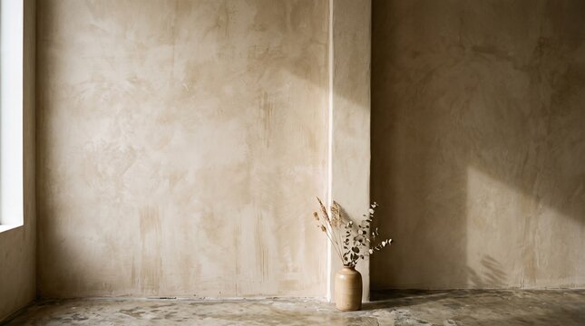 Minimalist beige limewash plaster wall texture with subtle sunlight and plant shadow