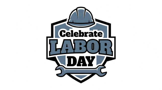 Celebrate labor day badge design featuring bold labor typography with a hard hat and wrench icon for workers