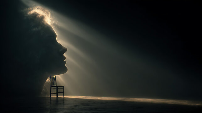Surreal silhouette of a woman sitting alone in darkness, illuminated by light, symbolizing mental health, loneliness, anxiety, inner struggle, hope, healing, and emotional resilience