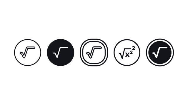 Set of mathematical square root symbols and icons in circular frames representing algebra and calculus concepts for education or design