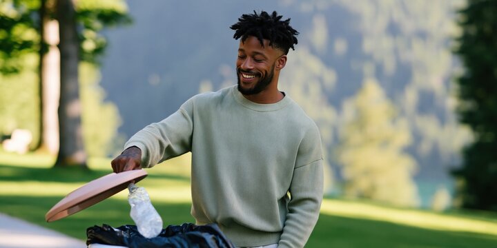 Smiling young man throwing a plastic bottle into a recycling bin in a sunny park for environmental banner and public awareness