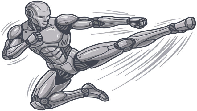 Silver metallic robot warrior in a mid-air karate fighting pose isolated on transparent background abstract vector illustration 