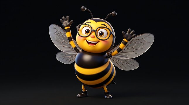 Cute 3D honey bee character wearing glasses, happy cartoon bumblebee with open arms, friendly insect mascot on black background