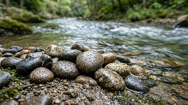 Wet river stones and pebbles on the shore of a flowing stream with blurred forest background view