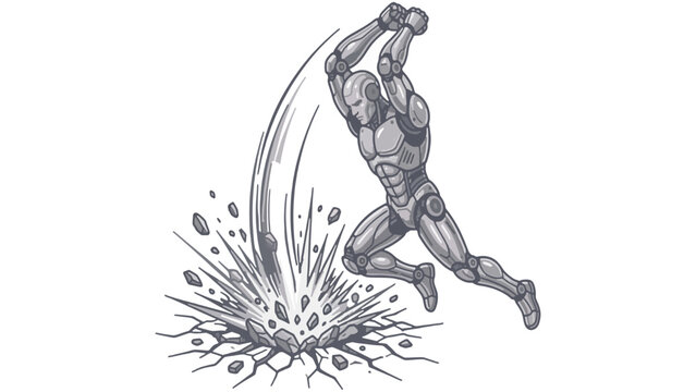 Robot superhero slamming the ground creating a powerful impact explosion isolated on transparent background abstract vector illustration 