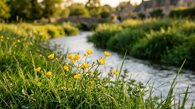 Yellow buttercup flowers growing in green grass along a riverbank with a stone bridge in distance