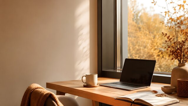 Cozy Autumn Home Workspace with Laptop, Coffee and Warm Natural Light