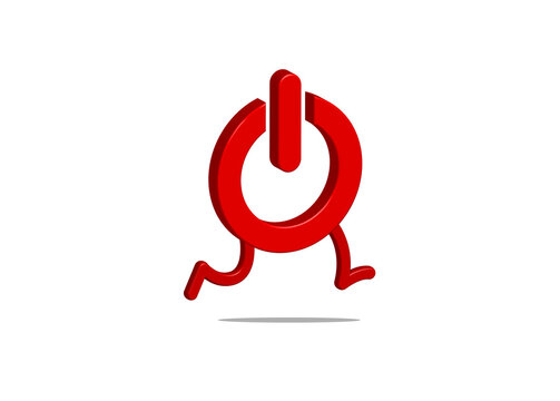 Red 3D power button symbol running fast on a white surface