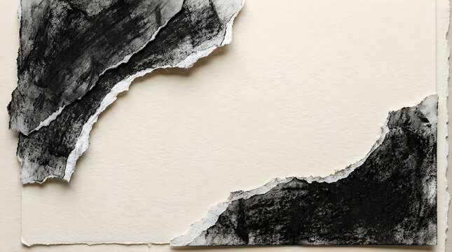 Black and white ripped paper texture with torn edges isolated on transparent background, isolated on white background
