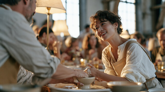 A ceramics studio instructor teaches a newcomer patiently in a grand lamp-lit interior, the last daylight fading through tall windows, a crowd of evening class participants