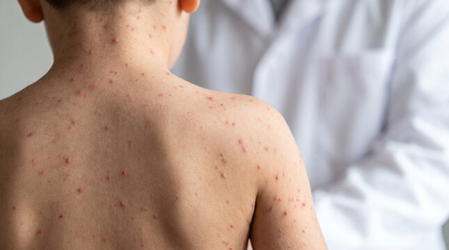 Doctor examining child back covered with chickenpox red spots and rash in a clinical setting