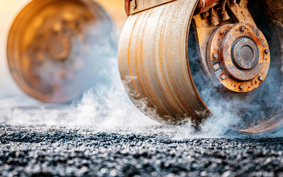 Road roller compacting hot asphalt with rising steam