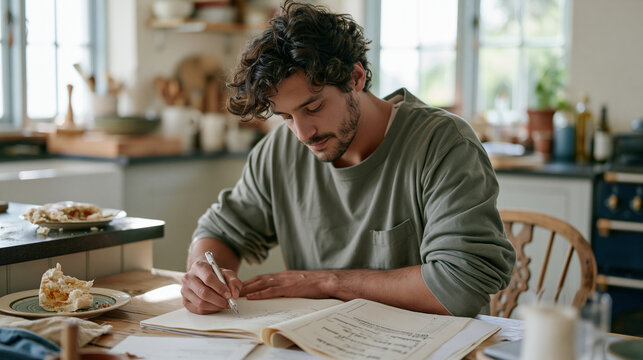 Fingerprint analysis trainee studying for certification in a quiet farmhouse kitchen, half-eaten lunch on the nearby counter, food factory processing documentation open on the