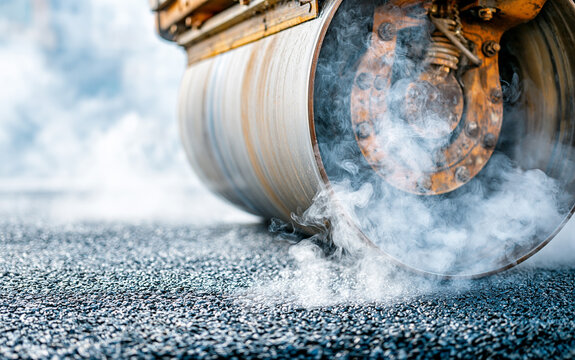 Road roller compacting hot asphalt with rising steam