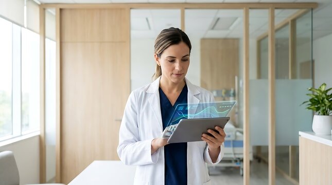 Medical professional in white coat analyzing digital patient health data on tablet screen.