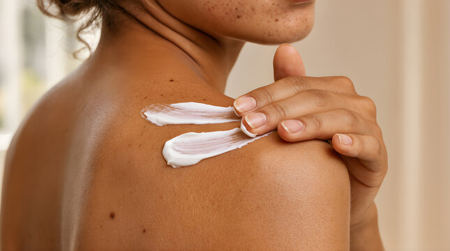 Person spreading moisturizing cream on bare shoulder skin, skincare and body lotion application concept