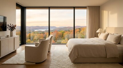 Fototapeta premium Luxury modern bedroom suite with panoramic window views of colorful autumn mountain forest.