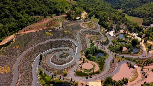 Aerial View of Starry Night Resort Spiral Pathways Ponds and Forest Landscape Near Visoko Bosnia