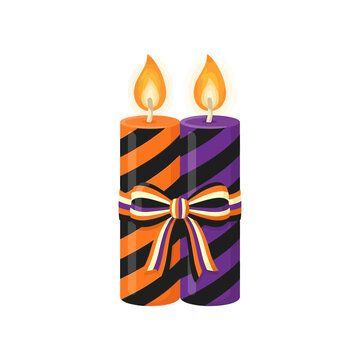 Halloween Halloween Candles Set. Orange and Purple Candles with Diagonal Black Stripes and Ribbons. Burning Flame Icon. Spooky Party Decoration. October Holiday Vector Illustration. isolated on