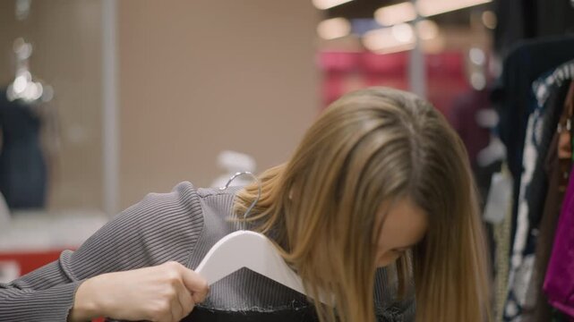 Close up of woman examining clothing texture in store holding gray fuzzy fabric on white hanger. Woman inspects material details while surrounded by racks of garments and soft indoor