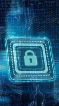 Animation of padlock icon over computer circuit board and data processing