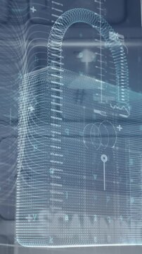 Animation of data processing, online security padlock and circuit board