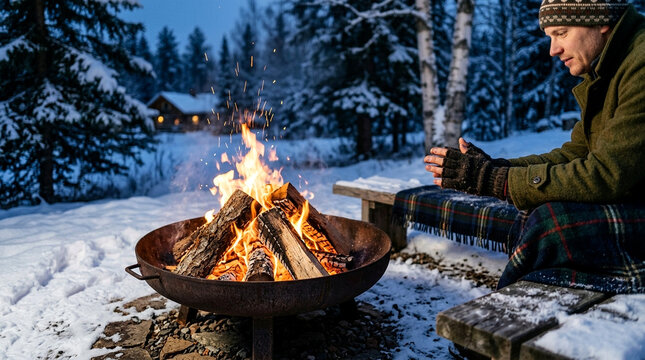 Man warming his hands by a burning campfire in a snowy winter forest at dusk