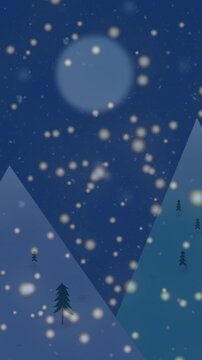 Animation of snow falling over christmas trees and moon in winter scenery