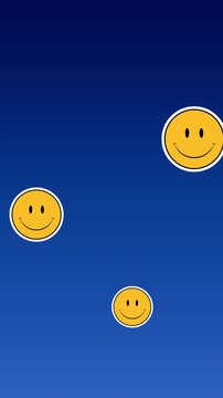 Digital animation of multiple smiling face emojis floating against blue gradient background