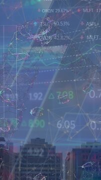 Animation of financial data processing over cityscape