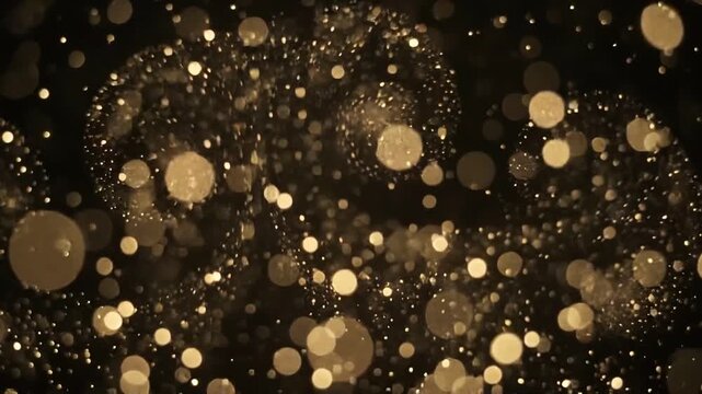 Golden Bokeh Dust Particles Floating Swirling Elegantly on Black Background Abstract Sparkling Light Overlay